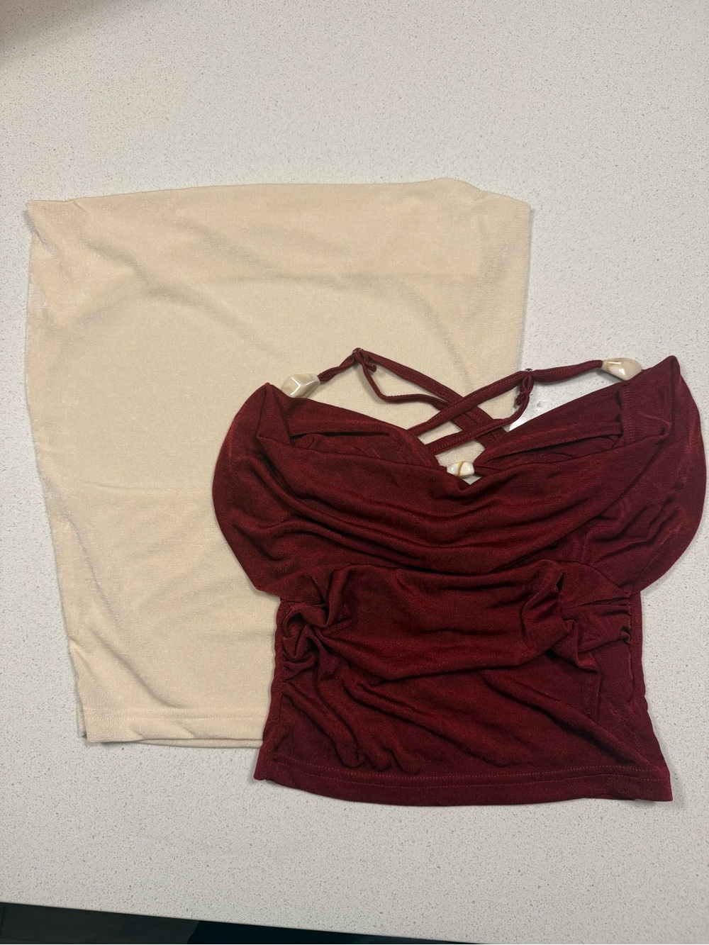 SHEIN Burgundy Ruched Cross-Strap Camisole & Cream Tube Top with Open Back